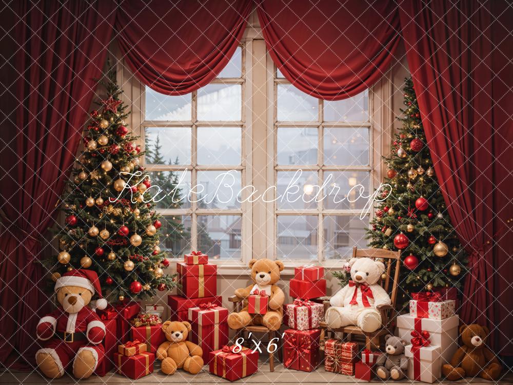 Kate Christmas Teddy Bear Red Curtain White Framed Window Backdrop Designed by Emetselch
