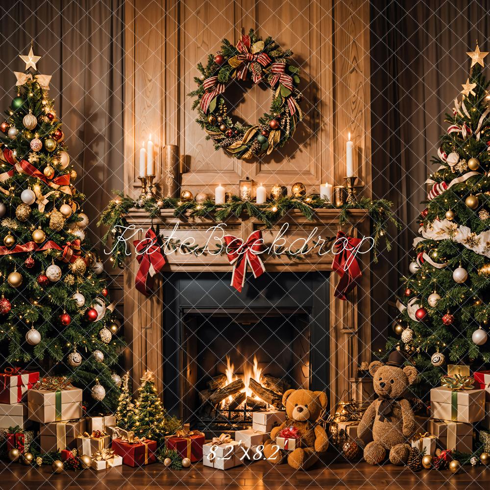 Kate Christmas Teddy Bear Black Brown Fireplace Backdrop Designed by Emetselch
