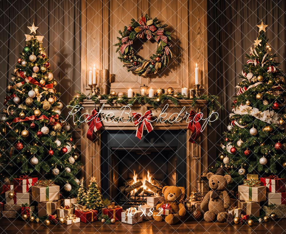 Kerst Teddybeer Zwart Bruin Openhaard Achtergrond Ontworpen door Emetselch