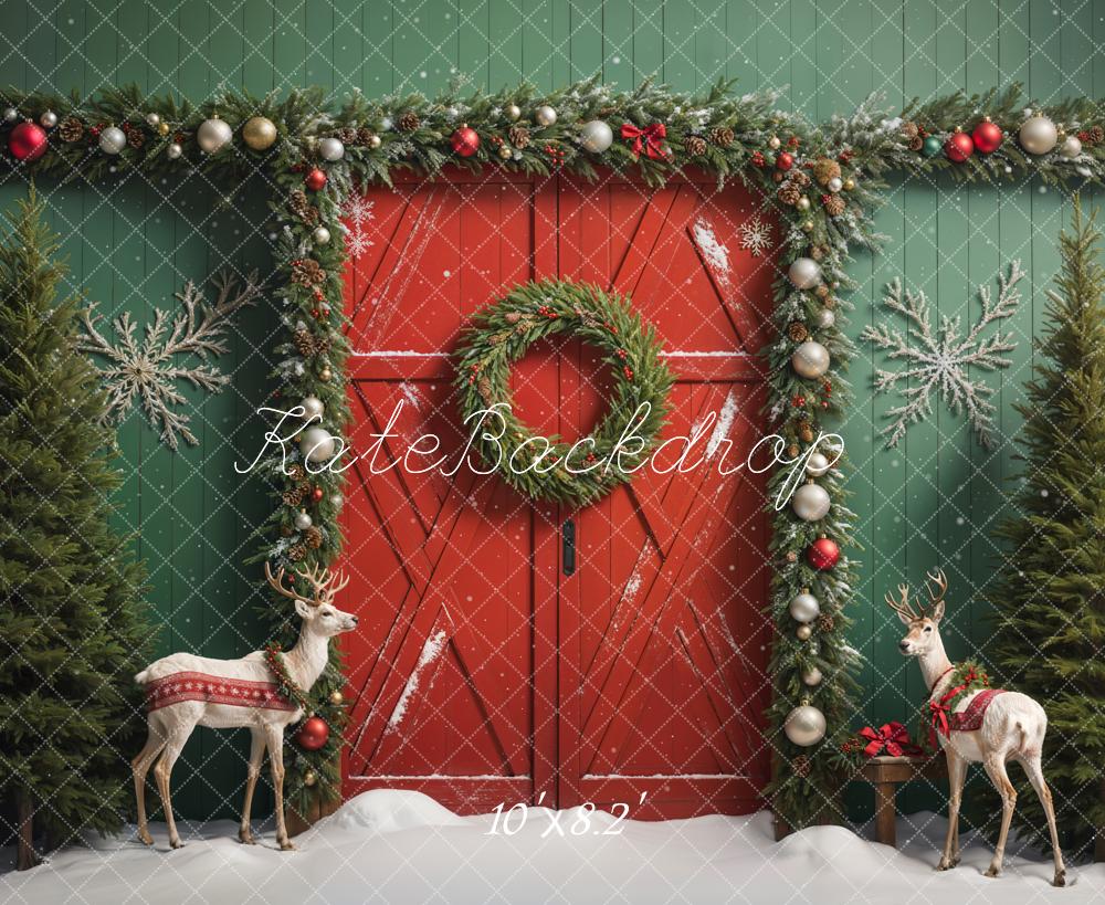 Kate Christmas Elk Red Barn Door Backdrop Designed by Emetselch