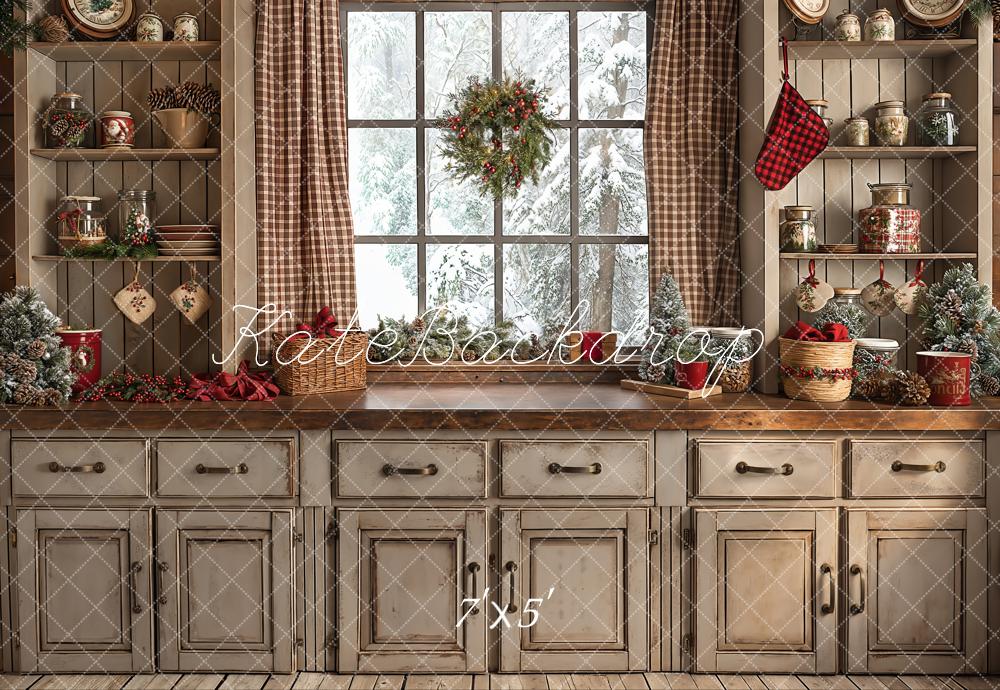 Kate Christmas Retro Brown Kitchen Backdrop Designed by Emetselch