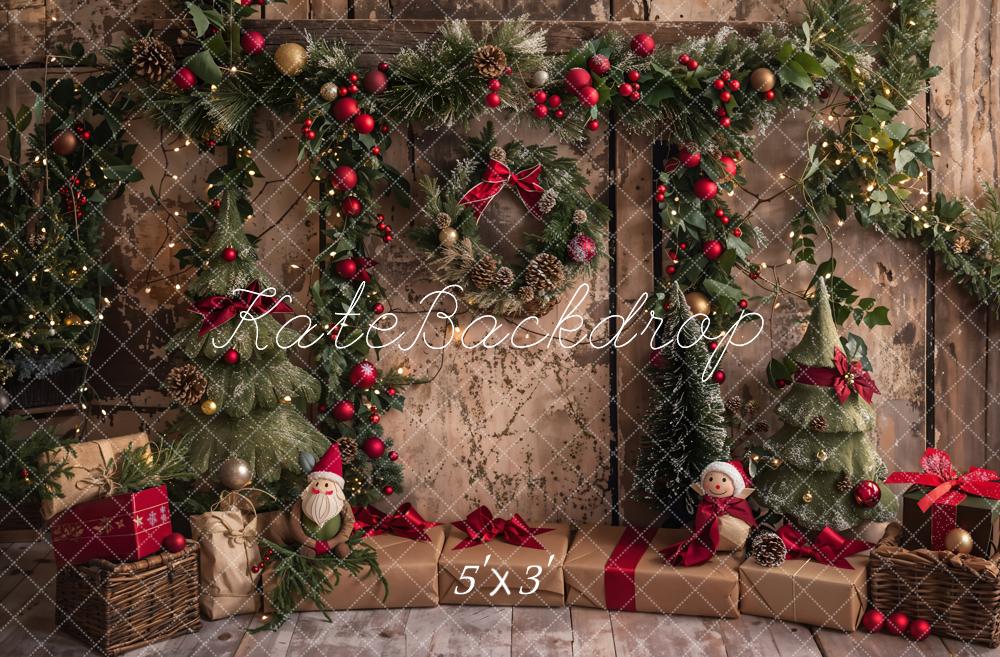 Kate Christmas Santa Wreath Brown Wooden Door Backdrop Designed by Emetselch