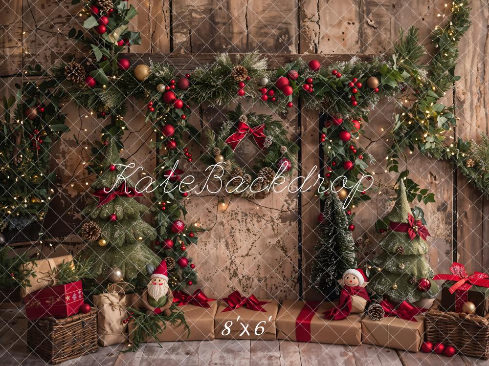 Kate Christmas Santa Wreath Brown Wooden Door Backdrop Designed by Emetselch