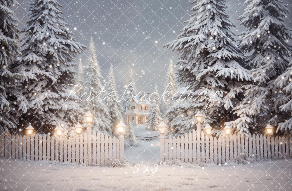 Kate Winter Christmas Forest White Fence House Backdrop Designed by Emetselch