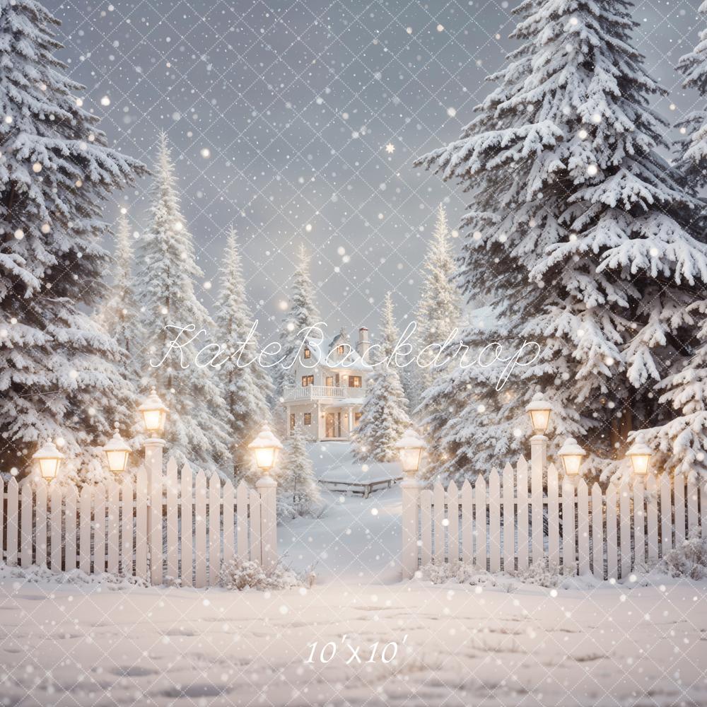 Kate Winter Christmas Forest White Fence House Backdrop Designed by Emetselch