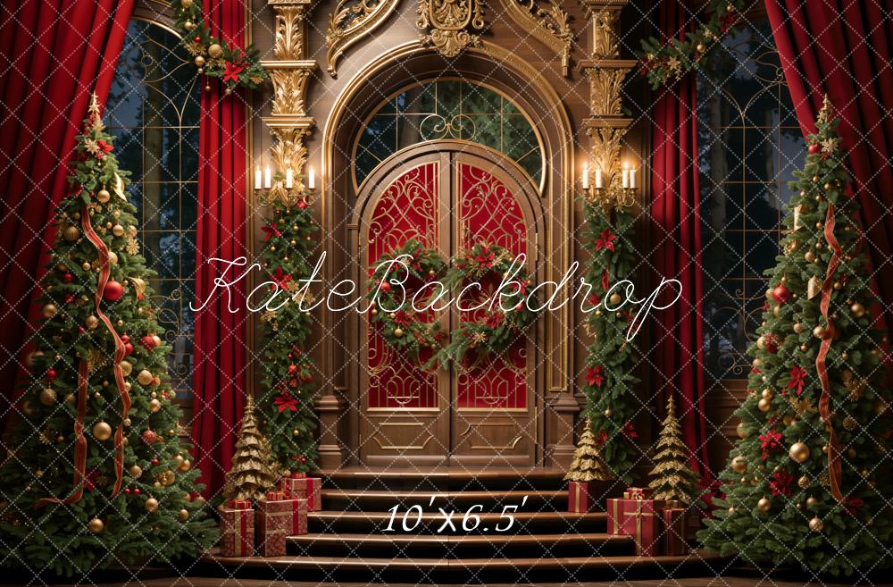 Fondo de cortina roja retro de Navidad con puerta arqueada floral dorada diseñado por Emetselch