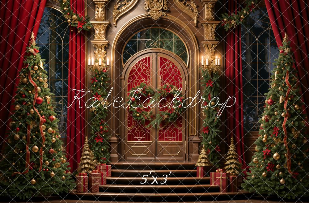 Kate Christmas Red Curtain Retro Golden Floral  Arched Door Backdrop Designed by Emetselch