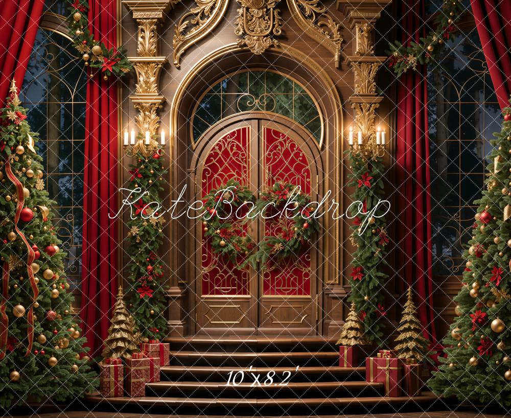 Kate Christmas Red Curtain Retro Golden Floral  Arched Door Backdrop Designed by Emetselch