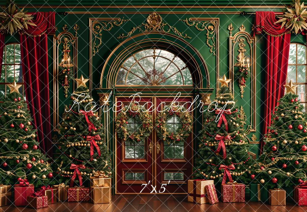 Kate Christmas Dark Green Vintage Floral Arched Window Backdrop Designed by Emetselch