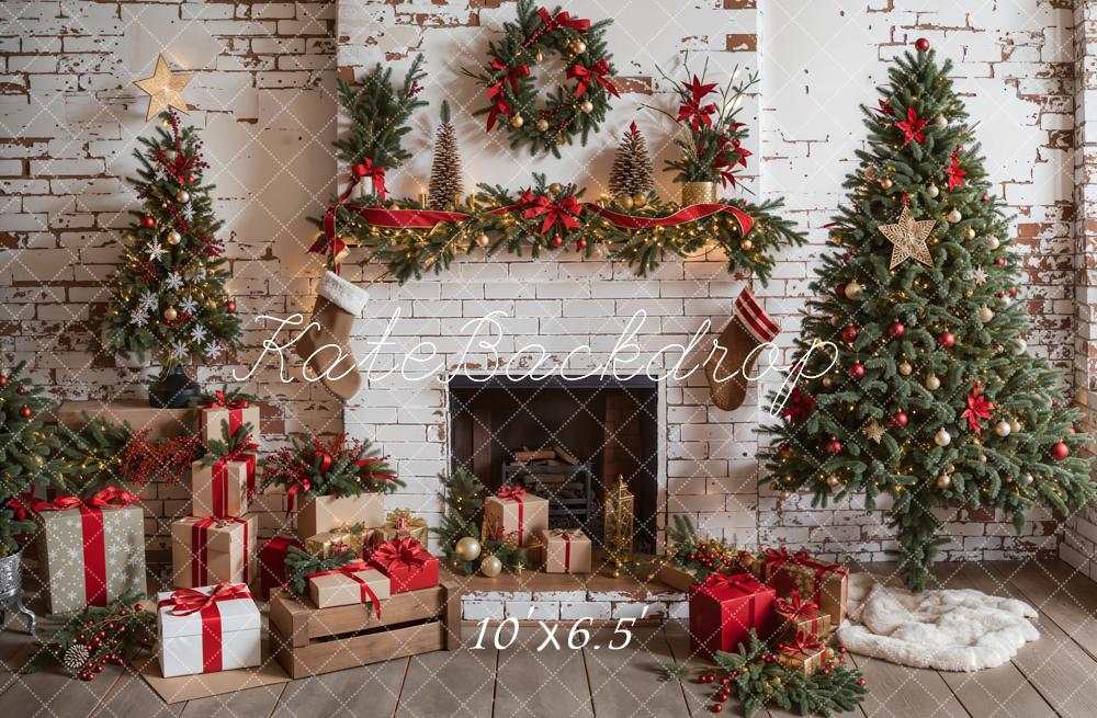 Kate Christmas Interior White Brick Fireplace Backdrop Designed by Emetselch