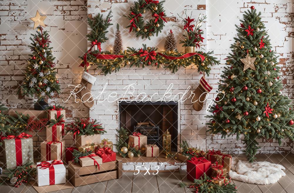 Kate Christmas Interior White Brick Fireplace Backdrop Designed by Emetselch