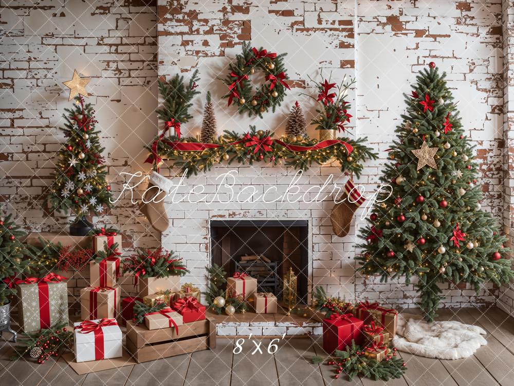 Kate Christmas Interior White Brick Fireplace Backdrop Designed by Emetselch