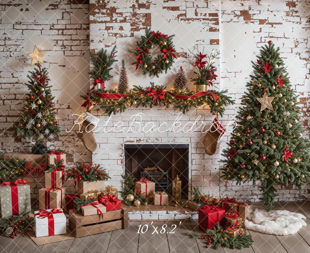 Kate Christmas Interior White Brick Fireplace Backdrop Designed by Emetselch