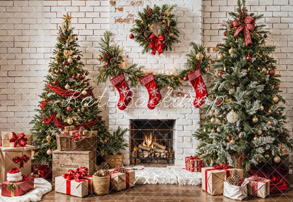 Kate Christmas White Brick Fireplace Backdrop Designed by Emetselch