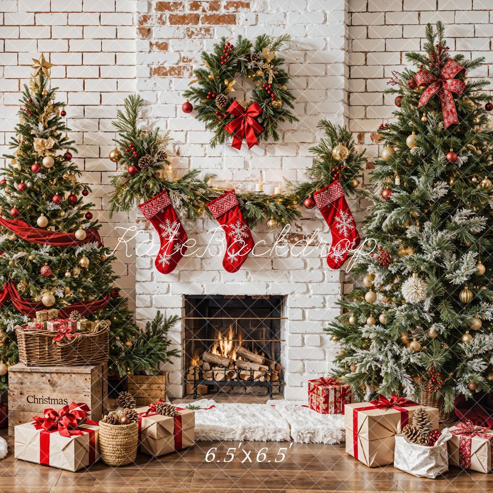 Kate Christmas White Brick Fireplace Backdrop Designed by Emetselch