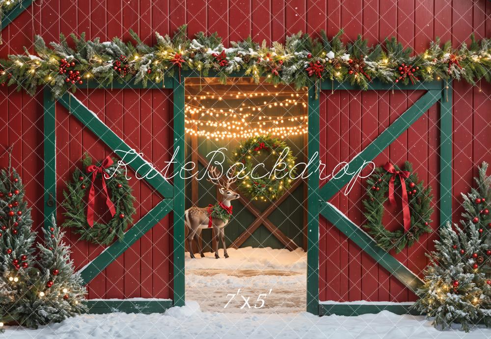 Kate Christmas Elk Red and Green Barn Backdrop Designed by Emetselch