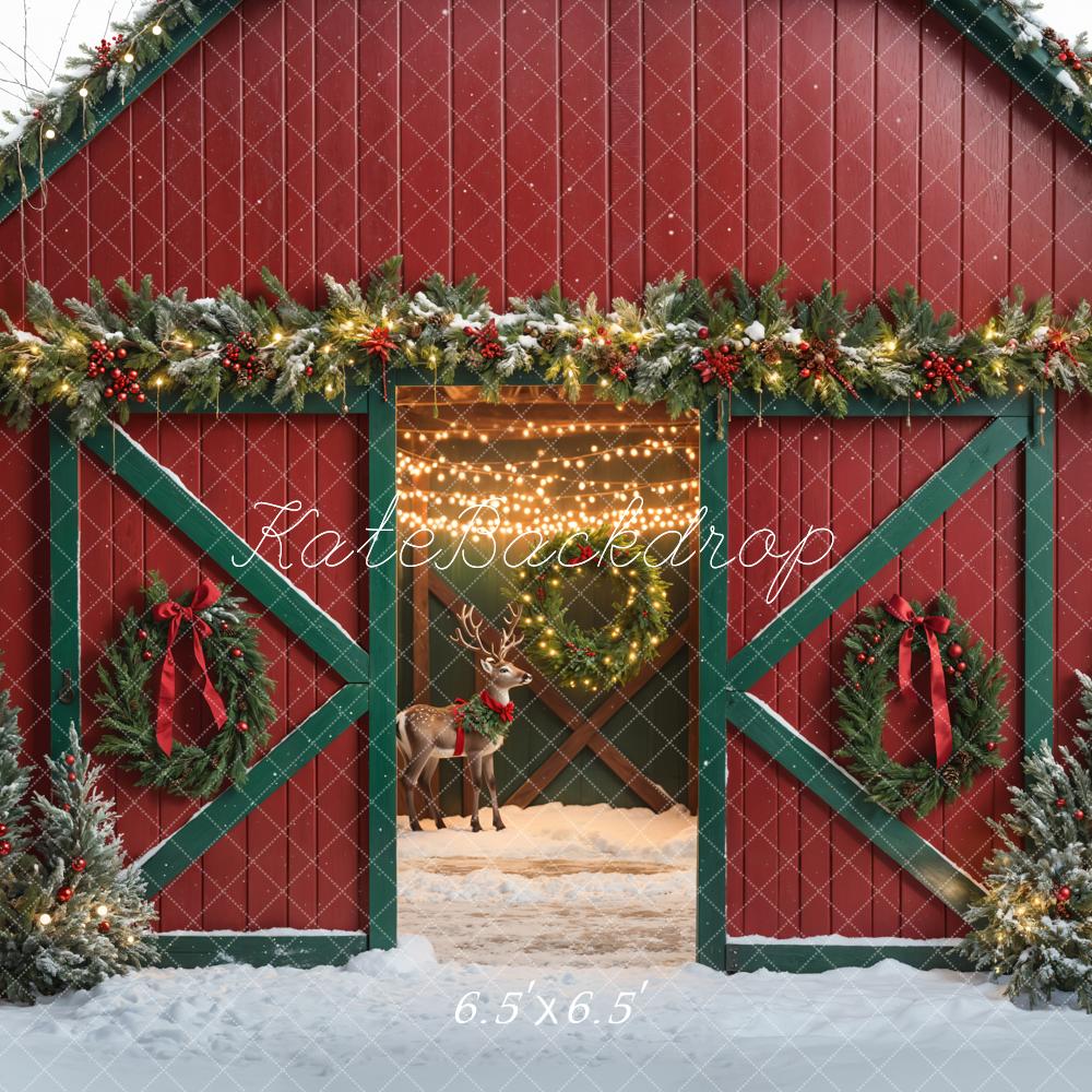 Kate Christmas Elk Red and Green Barn Backdrop Designed by Emetselch