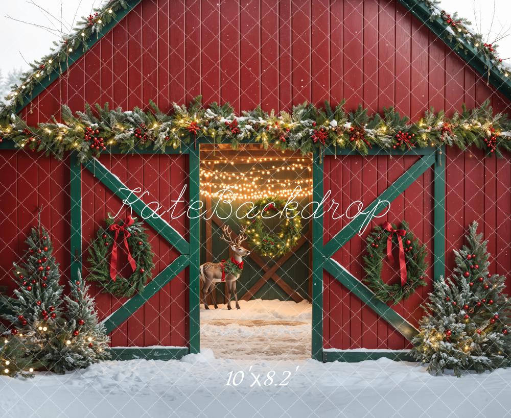 TEST Kate Christmas Elk Red and Green Barn Backdrop Designed by Emetselch
