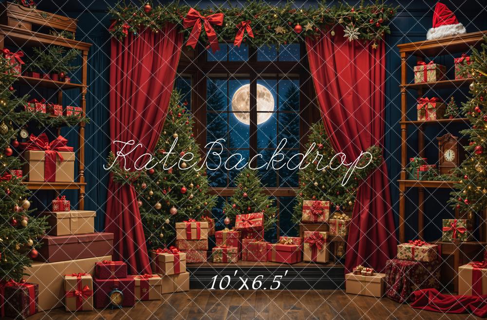 Kate Christmas Night Red Curtain Framed Window Backdrop Designed by Emetselch