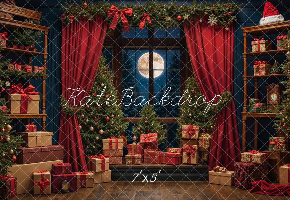 Kate Christmas Night Red Curtain Framed Window Backdrop Designed by Emetselch
