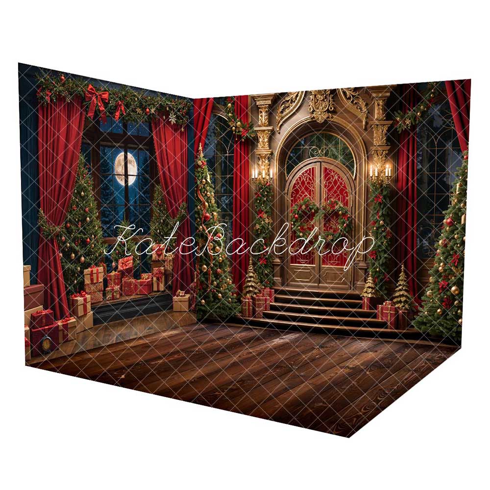 Noche de Navidad con guirnalda roja y ventana enmarcada - Set de habitación