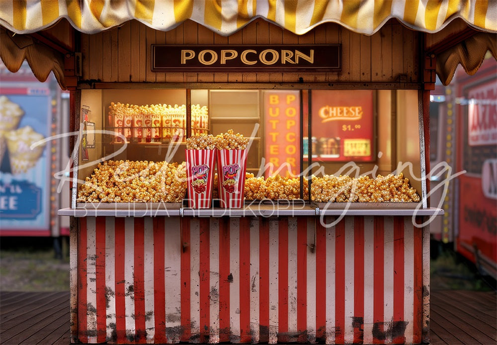 Fondo de Stand de Palomitas de Maíz Retro de Parque de Atracciones de Feria Diseñado por Lidia Redekopp