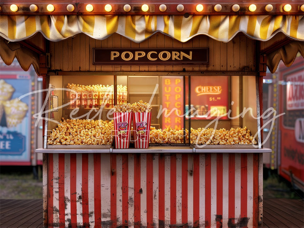 Fondo de Stand de Palomitas de Maíz Retro de Parque de Atracciones de Feria Diseñado por Lidia Redekopp