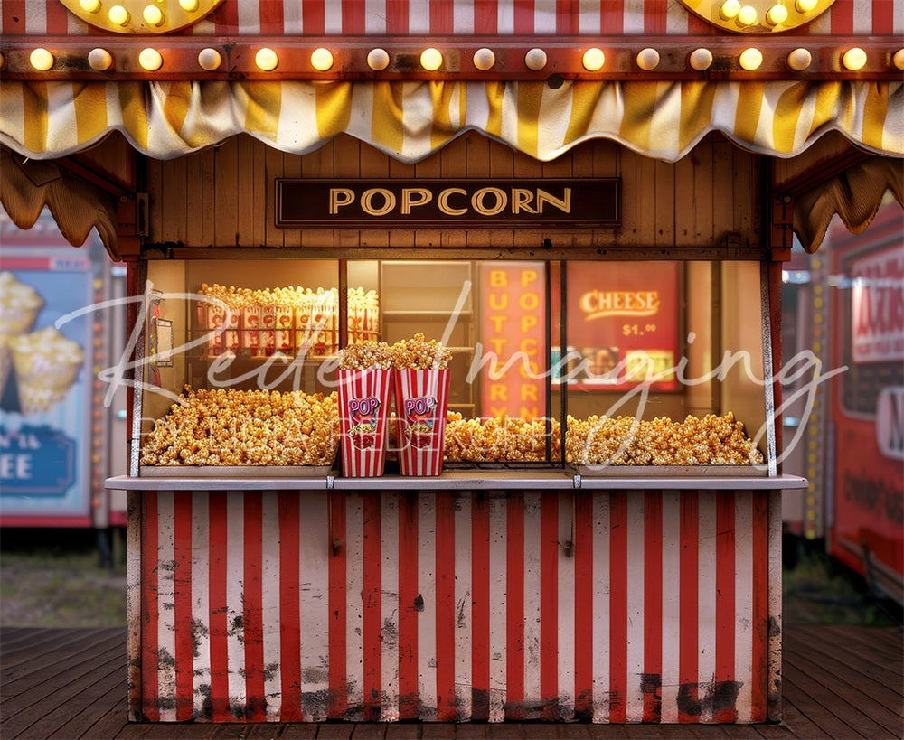 Fondo de Stand de Palomitas de Maíz Retro de Parque de Atracciones de Feria Diseñado por Lidia Redekopp