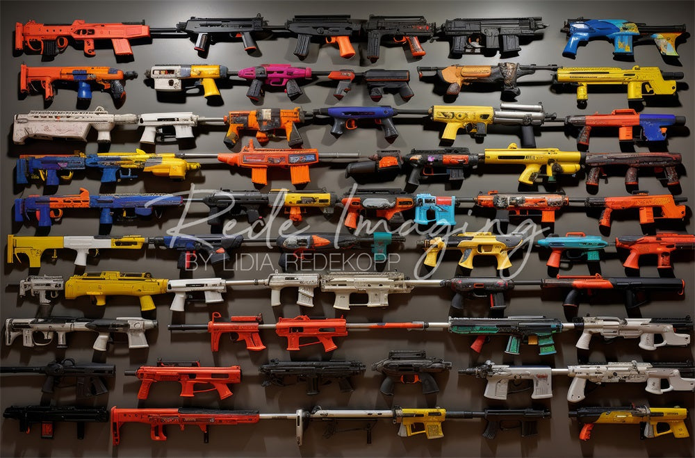 Kate Colorful Toy Gun Display Wall Backdrop Designed by Lidia Redekopp