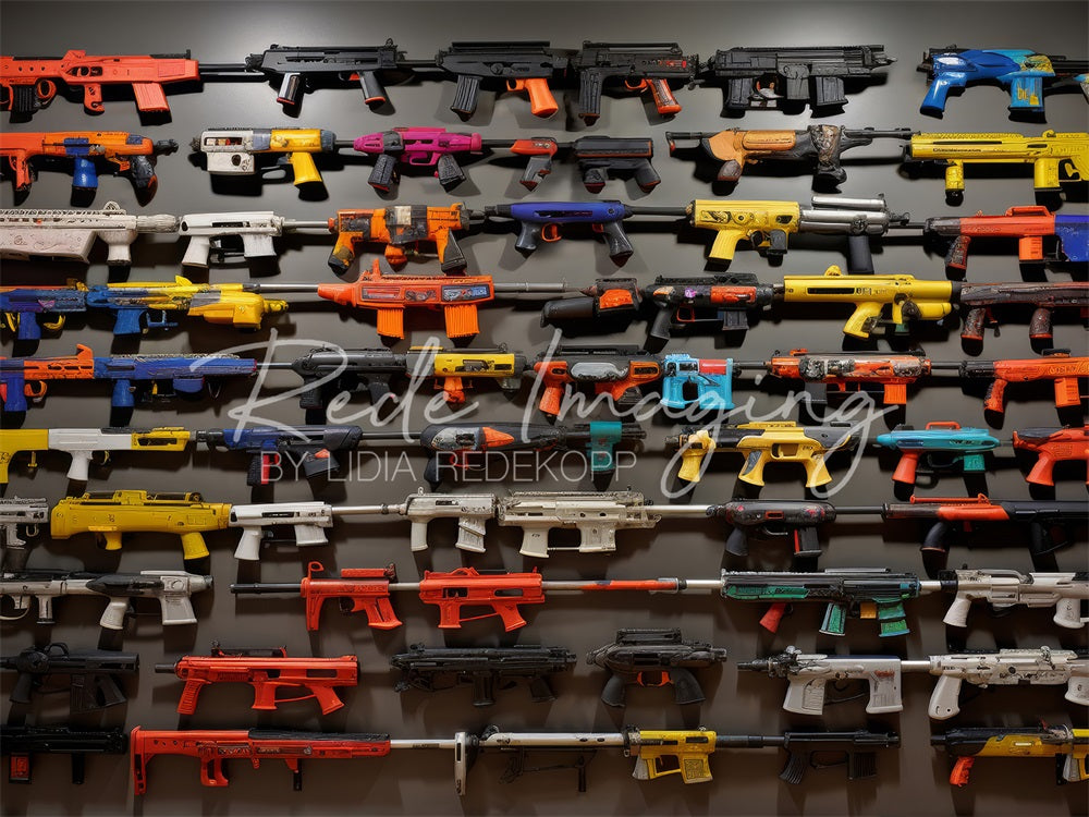 Kate Colorful Toy Gun Display Wall Backdrop Designed by Lidia Redekopp