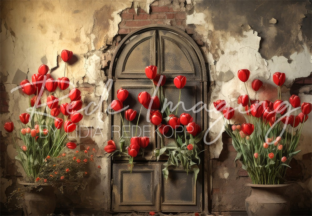 Kate Vintage Fantasy Tulip Arch Door Broken Brick Wall Backdrop Designed by Lidia Redekopp