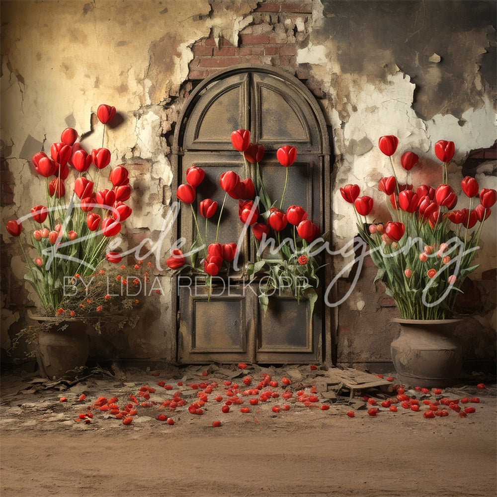Vintage Fantasy Tulip Arch Door Broken Brick Wall Backdrop Ontworpen door Lidia Redekopp