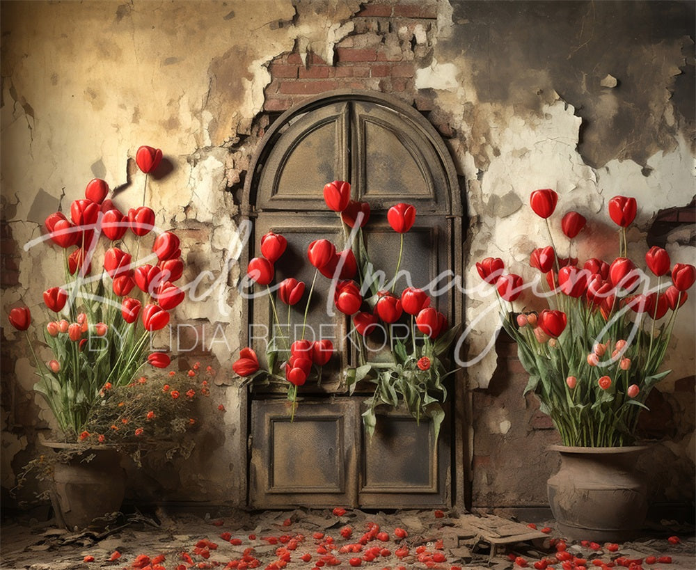 Vintage Fantasy Tulip Arch Door Broken Brick Wall Backdrop Ontworpen door Lidia Redekopp