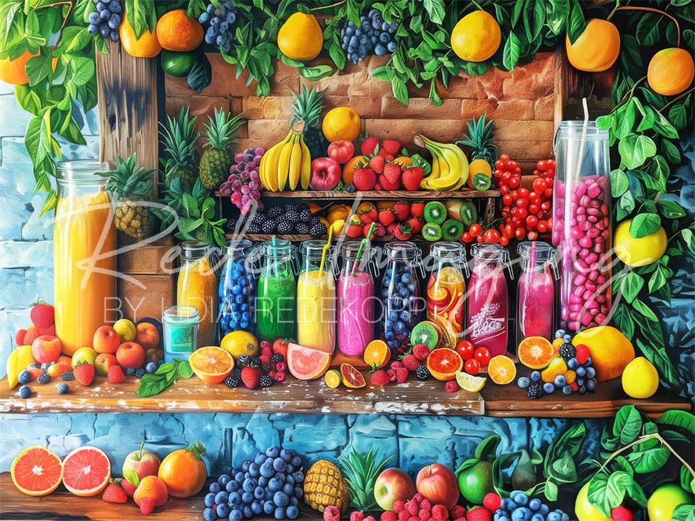 Zomer Kleurrijke Fruitwinkel Achtergrond Ontworpen door Lidia Redekopp