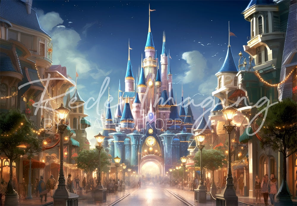 Fantasie magisch koninkrijk blauw kasteel achtergrond ontworpen door Lidia Redekopp