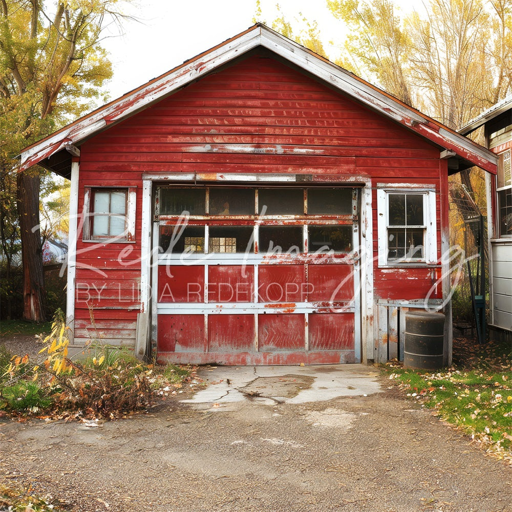 Kate Autumn Outdoor Forest Red Old Garage Backdrop Designed by Lidia Redekopp