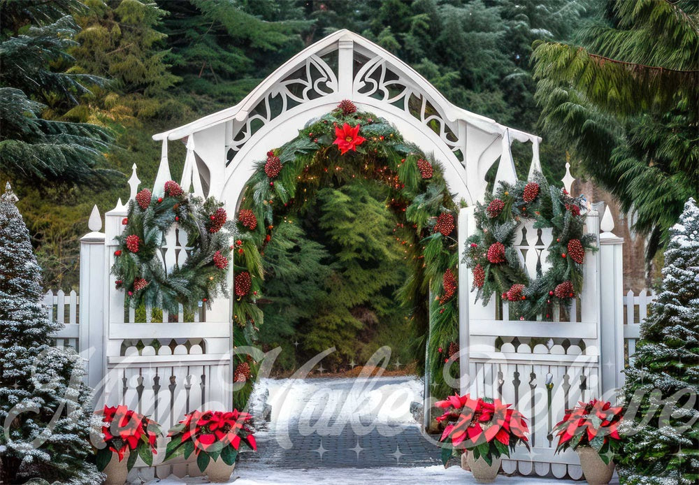 Kate Christmas Forest White Vintage Arched Gate Backdrop Designed by Mini MakeBelieve