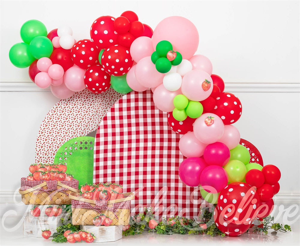 Kate Birthday Cake Smash Strawberry Balloon Backdrop Designed by Mini MakeBelieve