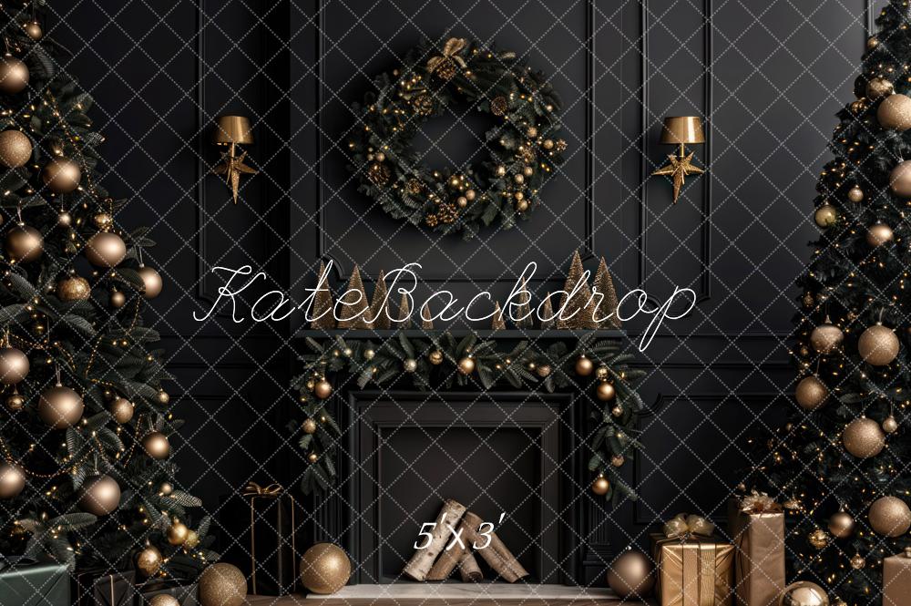 Kate Christmas Indoor Black Modern Fireplace Backdrop Designed by Mini MakeBelieve