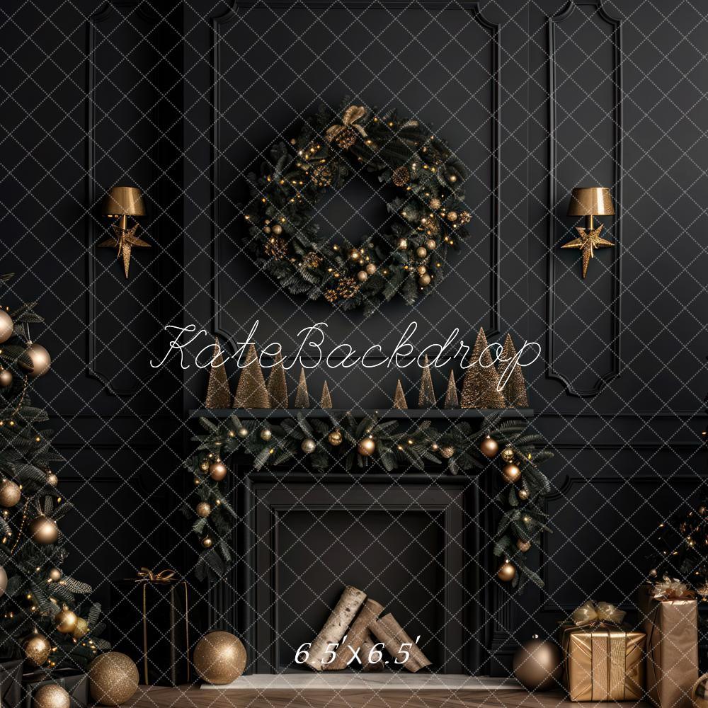 Kate Christmas Indoor Black Modern Fireplace Backdrop Designed by Mini MakeBelieve