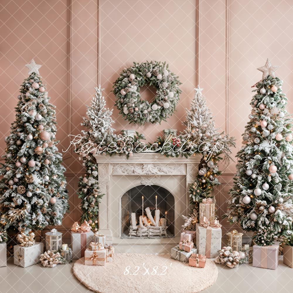 Kate Christmas Retro White Fireplace Pink Wall Backdrop Designed by Emetselch