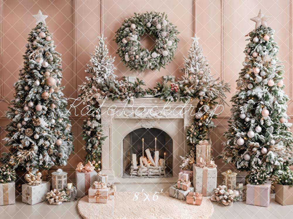 Kate Christmas Retro White Fireplace Pink Wall Backdrop Designed by Emetselch