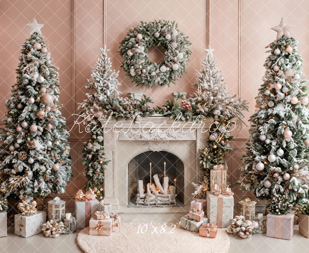 Christmas Retro White Fireplace Pink Wall Backdrop Designed by Emetselch