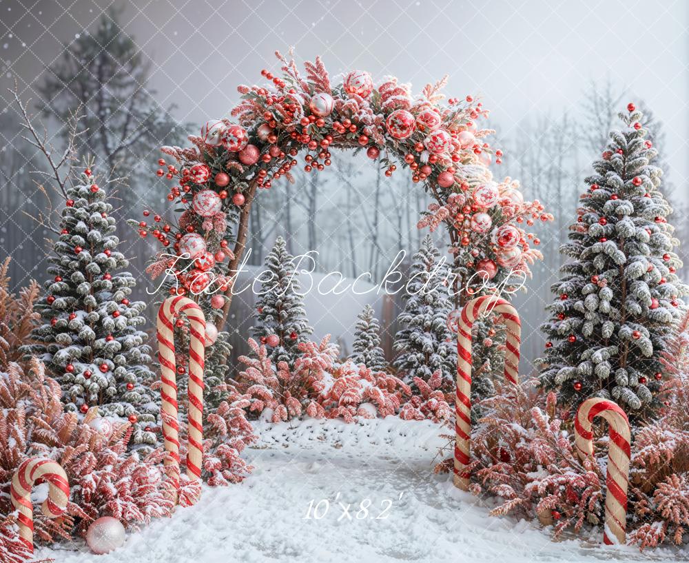 Bosque Invernal con Árbol de Navidad Rojo y Decoración Hermosa Arco Fondo Diseñado por Emetselch