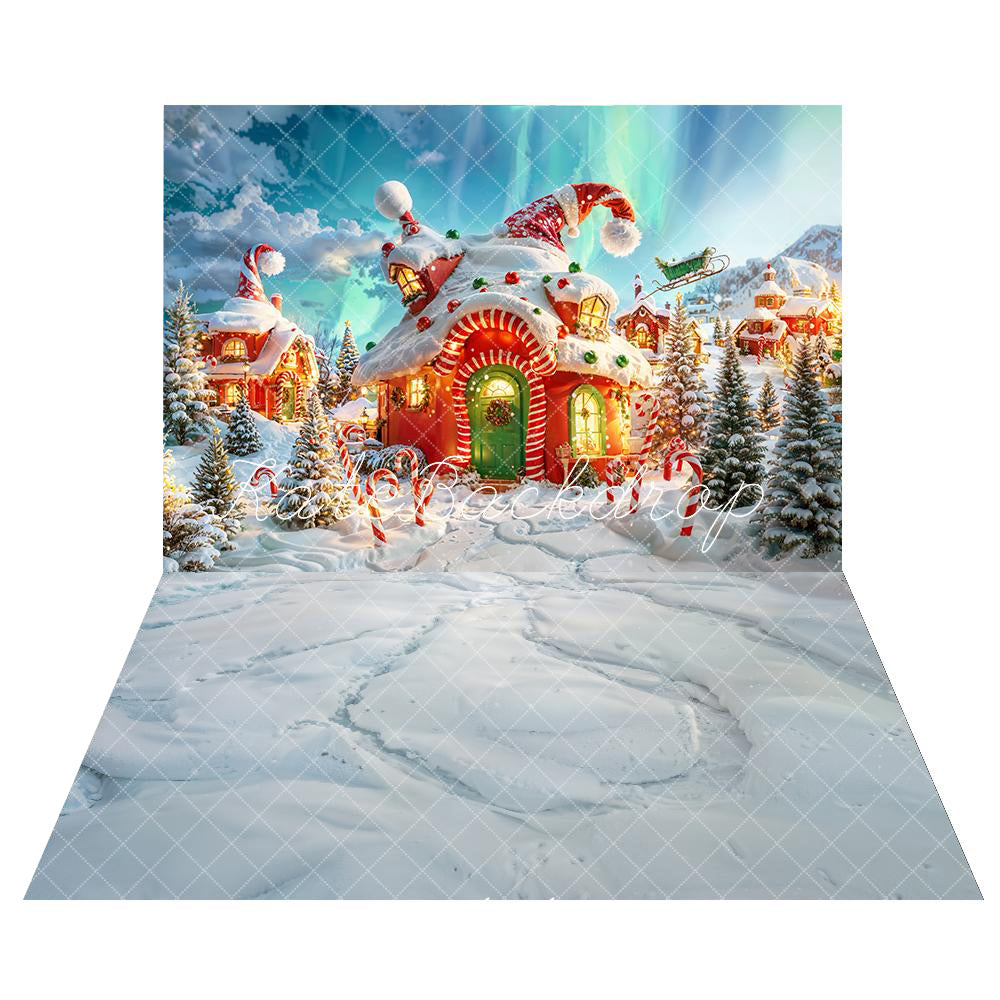Kate Fantasy Cartoon Christmas Forest Santa Hut Backdrop+White Snowland Floor Backdrop