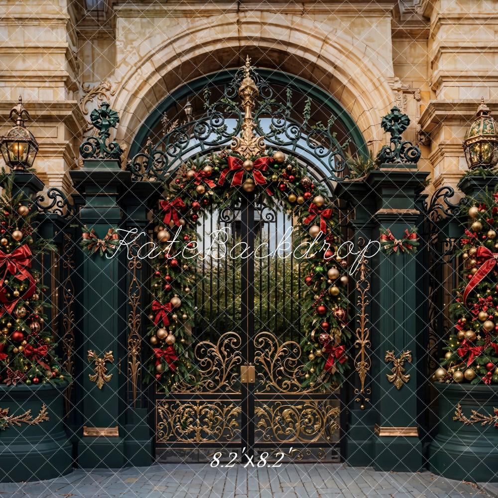 Kate Christmas Golden Vintage Floral Dark Green Gate Backdrop Designed by Emetselch