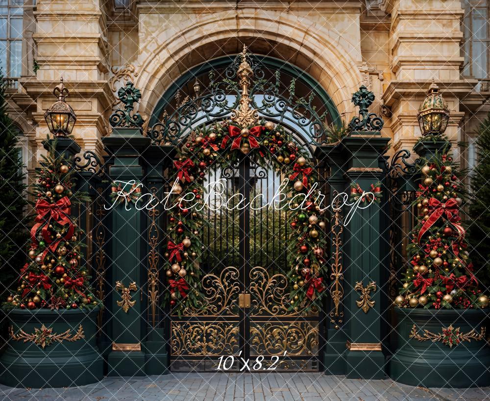 Kate Christmas Golden Vintage Floral Dark Green Gate Backdrop Designed by Emetselch