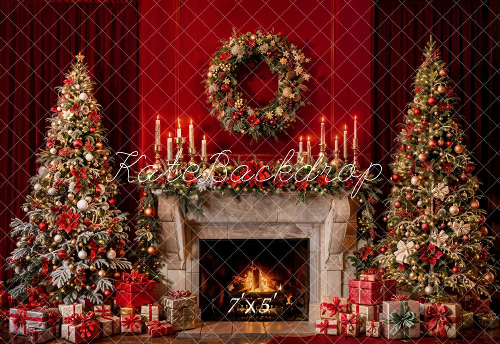 Kate Christmas Indoor Retro Brown Fireplace Red Wall Backdrop Designed by Emetselch