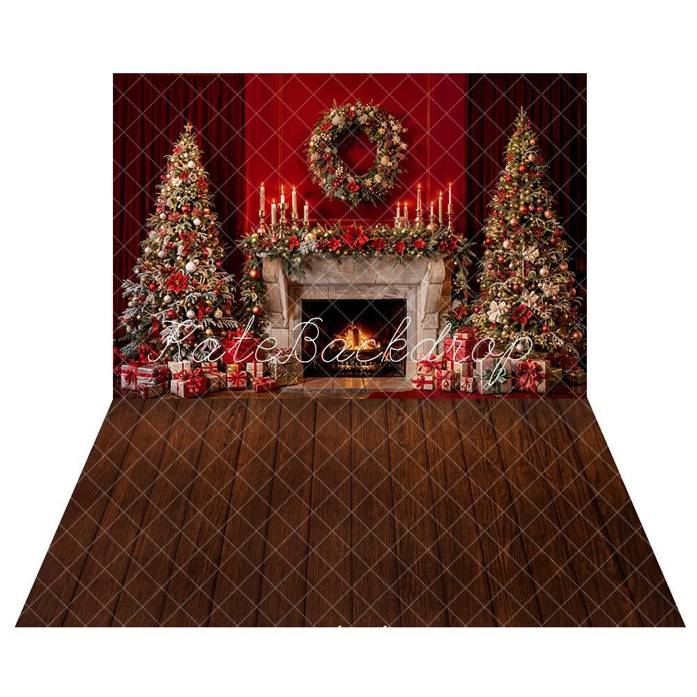 Kate Christmas Indoor Retro Brown Fireplace Red Wall Backdrop+Dark Brown Wooden Floor Backdrop