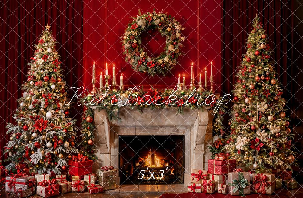 Kate Christmas Indoor Retro Brown Fireplace Red Wall Backdrop Designed by Emetselch